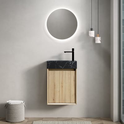 Pugsdrly 40 cm wandbeugel voor badkamer wastafel met onderbouw wastafel van zwart marmer met steenpatroon, multiplex kasten met strepen, één deur, voorgemonteerd, witte eiken houtnerf kleur