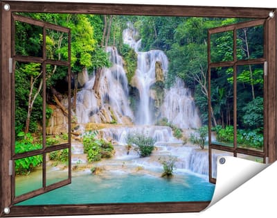 Gards Tuinposter Doorkijk Waterval in het Tropische Natuur - 90x60 cm - Tuindoek - Tuindecoratie - Wanddecoratie buiten - Tuinschilderij
