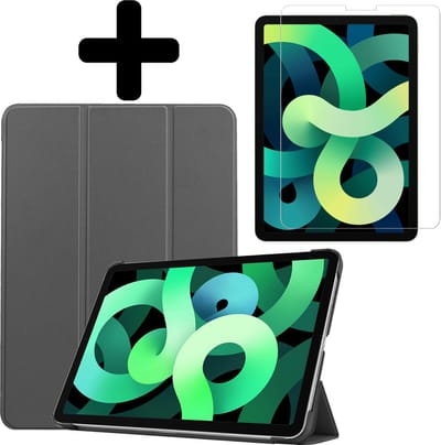 Hoes - Geschikt voor Apple iPad Air 5 (2022) - 10.9 inch - 5e Generatie - M1 - Met Screenprotector - Trifold Bookcase - Hard Cover - Hardcover Book Case - Tablet Hoesje - Grijs