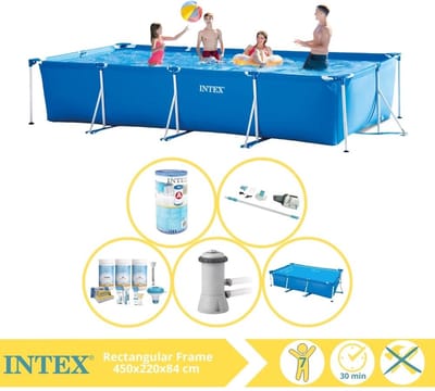 Intex Rechthoekig Frame Zwembad - 450 x 220 x 84 cm - Blauw - Inclusief Solarzeil - Onderhoudspakket - Zwembadfilterpomp - Filter - Stofzuiger - 6-delig