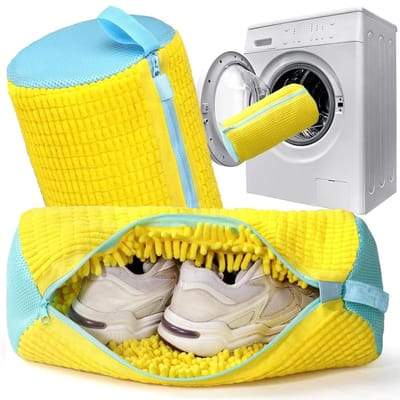 Dailygoods - Waszak voor schoenen – waszak voor schoenen met villositeiten, schoenentas voor wasmachine met ritssluiting, herbruikbaar, waszakken voor sneakers (geel/verpakking van 2)
