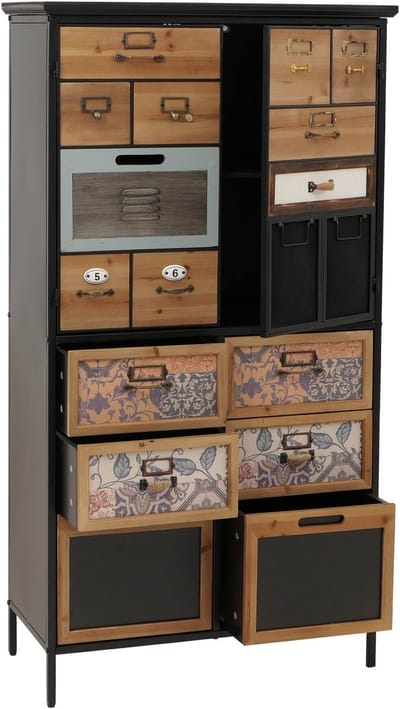 Apothekerskast MCW-O80, hoge kast met lades, vintage shabby-look 136x73x35cm, naturel/blauw/wit