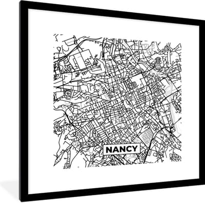 Fotolijst incl. Poster Zwart Wit- Stadskaart - Plattegrond - Nancy - Kaart - Frankrijk - Zwart wit - 40x40 cm - Posterlijst