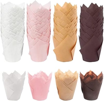 200 Stuks Papieren Cupcake Vormpjes, Muffin Bakvormpjes, Tulip Cupcake Sleeves voor Feestjes en Bakken in de Keuken, 4 Kleuren, Perfect voor Muffins en Taartjes