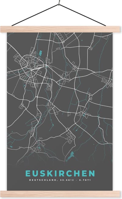 Posterhanger incl. Poster 40x60 cm - Schoolplaat - Kaart – Plattegrond – Stadskaart – Euskirchen – Duitsland – Blauw - Textielposter - Blanke latten - Stadskaart