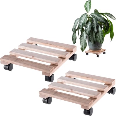 KADAX Bloempotstandaard Bloempot op Wielen Houten Vierkant 30cm Set van 2
