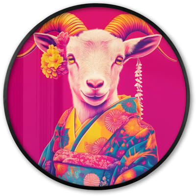 Poster in lijst Rond - Fotolijst 60x60 cm - Posters - Geit - Hoorns - Kimono - Kleurrijk - Ronde posterlijst zwart - Decoratie - Wanddecoratie woonkamer - Muurdecoratie slaapkamer