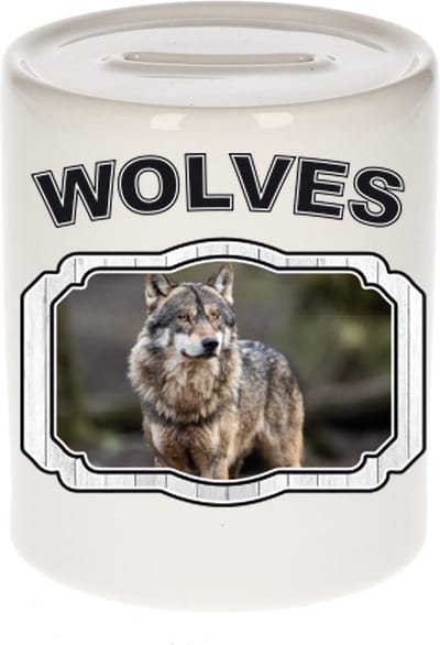 Dieren liefhebber wolf spaarpot 9 cm jongens en meisjes - keramiek - Cadeau spaarpotten wolven liefhebber