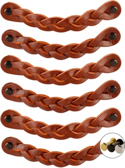 Leren handgrepen - Cognac - 6 stuks - Gevlochten - 16,5 x 2,5 cm - incl. 3 kleuren schroeven - Handgrepen leer - Leren meubelgreep - Leren handvaten kast - Leren lus - Handgreep kast leer - Leren greepjes - Handvat leer - Leren deurgreep