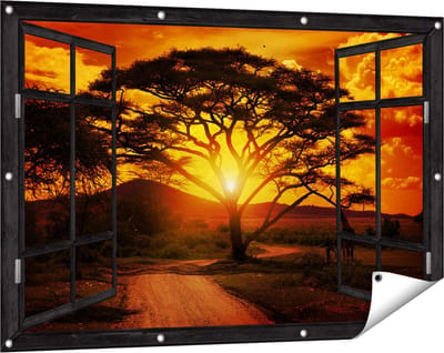 Gards Tuinposter Doorkijk Zonsondergang Achter een Savanne Boom - 120x80 cm - Tuindoek - Tuindecoratie - Wanddecoratie buiten - Tuinschilderij