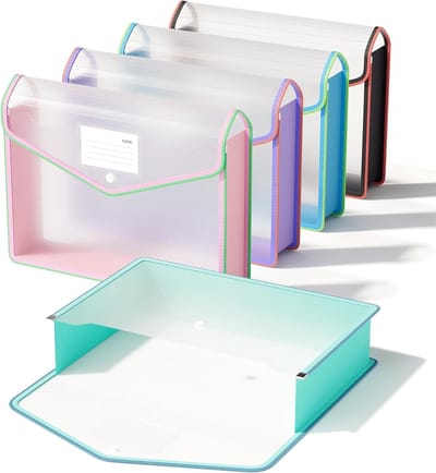 A4 Plastic File Binder Set van 5 Stuks met Snap Closure, Transparante Enveloppen voor School, Kantoor en Thuisgebruik, Grote Capaciteit en Diverse Kleuren