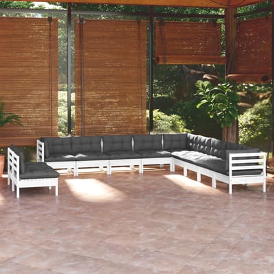 vidaXL - 11-delige - Loungeset - met - kussens - massief - grenenhout - wit