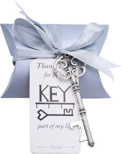 Vintage Trouwen Souvenir Set met Skeleton Sleutelhangers, Snoepdozen, Bedanklabels en Franse Ribbons in Antiek Zilver - 50 Stuks voor een Unieke Bruiloft