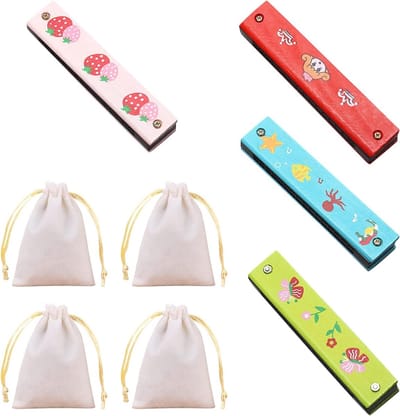 Harmonica voor Kinderen en Volwassenen - Houten Twee Rijen met 16 Gaten, Inclusief 4 Opbergcompartimenten en Diverse Patronen, 12 x 15 cm