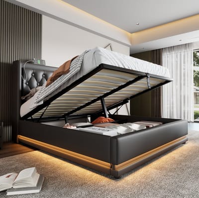 MEUNIQ tweepersoons bed 160x200 cm met hydraulische opbergruimte, LED-verlichting, USB en USB-C, gestoffeerd hoofdbord, kunstleer, zwart