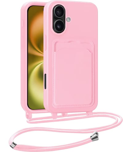 Hoesje Geschikt voor iPhone 16 Telefoonhoesje Met Koord Case Pashouder Siliconen - Hoes Geschikt voor iPhone 16 Hoesje Met Kaarthouder - Lichtroze