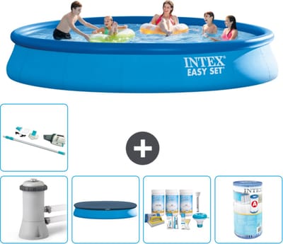 Intex Rond Opblaasbaar Easy Set Zwembad - 457 x 84 cm - Blauw - Inclusief Pomp - Afdekzeil - Onderhoudspakket - Filter - Stofzuiger - 6-delig
