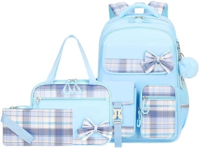 Ulisem - Rugzak voor meisjes – Schattige - waterdichte ruitjesrugzak met grote inhoud - preppy stijl met strik – Geschikt voor basisschool en middelbare school – Inclusief Kawaii-lunchbox en etui - Blauw