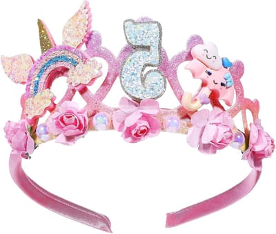 Schattige Roze Bloemenkroon met Regenboog Tiara voor Verjaardagspartij - Nummer 5 Haarband Versiering, Perfecte Accessoire voor Kinderen en Feestjes, 1 Stuk