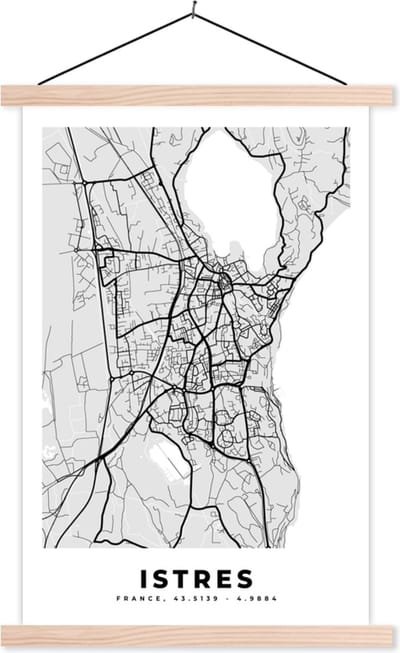 Posterhanger incl. Poster 40x60 cm - Schoolplaat - Frankrijk - Plattegrond - Kaart - Istres - Stadskaart - Textielposter - Blanke latten - Stadskaart