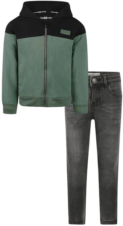 Koko Noko - Kledingset - Basic Collection - Bio Cotton - Dark grey jeans - Cardigan with hood Dark Green - Maat 92