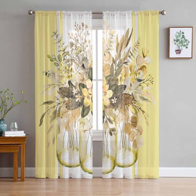 Zomer Eucalyptus Bladeren Gestreept Geel Raam Tule Gordijnen voor Woonkamer Slaapkamer Hotel Luxe Decoratie Doorzichtig Gordijn 135W x 114H(cm) beige