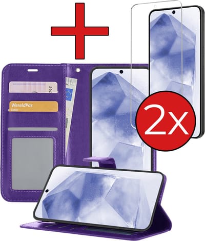 Hoesje - Met 2x Screenprotector - Geschikt voor Samsung Galaxy A55 - Luxe Pasjeshouder - Flip Case - Bookcase Portemonee - Kunstleer Book Case - Flipcase Hoes - Book Cover - Walletcase - Portemonneehoes - Telefoonhoes - Paars