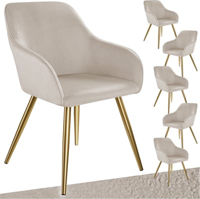 tectake® Eetkamerstoel Marilyn - Set van 6 - Met Armleuningen - Elegante Stoel met Gevoerde Zitting in Fluweellook - Gestoffeerd - Gouden metalen poten - Ergonomische Keukenstoel - Stoel voor Woonkamer, Eetkamer en Slaapkamer - Taupe