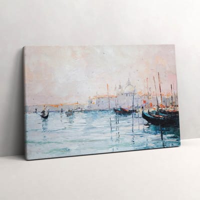 Wallfluent Foto Op Canvas Olieverfschilderij van gondels in Venetië - 60 x 40 cm - Blauw Canvas Schilderij - Landschappen Foto Canvas - Natuur Schilderij Op Doek - Kunst Schilderij Op Canvas