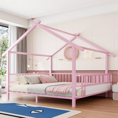 MIVRAY Kinderbed 140x200 cm Zonder Matras - Met Veiligheidsgitter en Huisvormig Dakframe - Voor Kinderkamer - Metaal - Roze