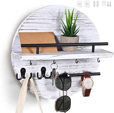 Dailygoods- Sleutelrek met plank - Ronde Wandsleutelhouder - Houten Sleutelhouder - Decoratieve Wandmontage - Boerderijstijl - 32 cm x 32 cm x 10,4 cm