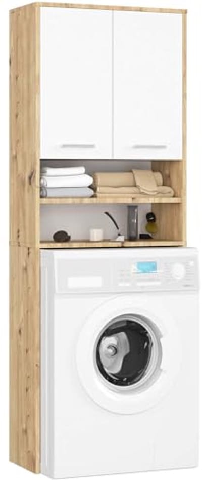 Wasmachine-ombouwkast met 2 deuren | Bovenbouwkast 64 cm | Hoge Wasmachinekast | Opbergkast voor Badkamer | Wit Artisan-eiken