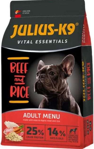 Julius-K9 Beef & Rice – Kleine hondenbrokken met rund & rijst – Licht verteerbare voeding voor kleine hondenrassen – Rund smaak – 3kg