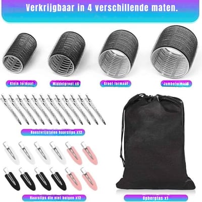 RUX® 28 Delige Krulset – Krulset Rollers In 4 Maten – Haarkruller Inclusief Clips – Haar Kruller – Haarrollers – Haar Rollers – Kleefrollers - Krullen Zonder Hitte - Voor Lang, Medium En Kort Haar -Zwart- 25cm x 14cm x 7cm