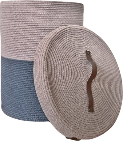 OZ Home - Mand met Deksel - Donkerblauw/Beige - Duurzaam & Functioneel - Voor Grote Opslag en Organisatie