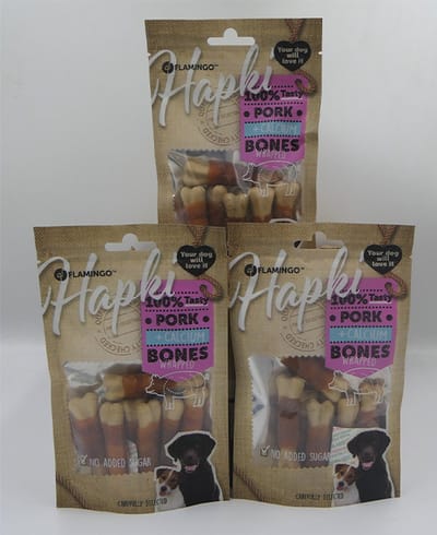 3 X Hapki Porc CALCIUM bones wrapped hondensnack 85 g x 3 geen suiker toegevoegd.
