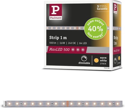 ' Paulmann 71234 MaxLED 500 LED-strip warm wit, enkele strip, 1 m, 3,6 W, 550 lm/m, 64 LED's/m, 2700K'