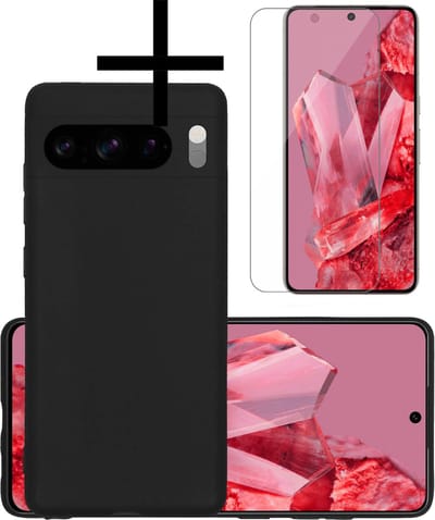 Hoesje - Met Screenprotector - Geschikt voor Google Pixel 8 Pro - Sterk & Shockproof - Back Cover - Siliconen Case - Telefoon Hoes - Zwart