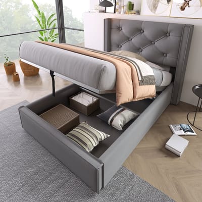 MEUNIQ gestoffeerd eenpersoonsbed 90x200 cm met opbergruimte, opklapbare lattenbodem met gasveer, metalen frame en hoofdbord voor slaapkamer, grijs