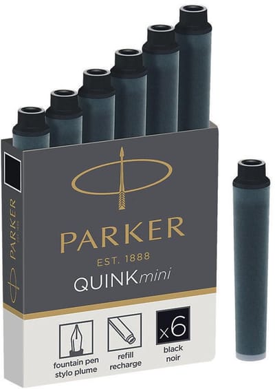 Parker Mini Fountain Pen Ink Refill Cartridges | Black QUINK Ink | 6 Count