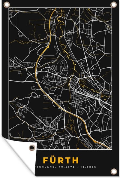 Muurdecoratie Black and Gold – Stadskaart – Fürth – Duitsland – Plattegrond – Kaart - 120x180 cm - Tuinposter - Tuindoek