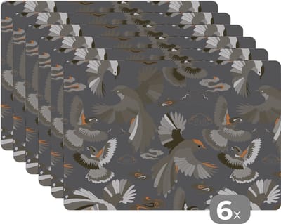 Placemat - Placemats kunststof - Vogel - Patroon - Wolken - 45x30 cm - 6 stuks - Hittebestendig - Anti-Slip - Onderlegger - Afneembaar