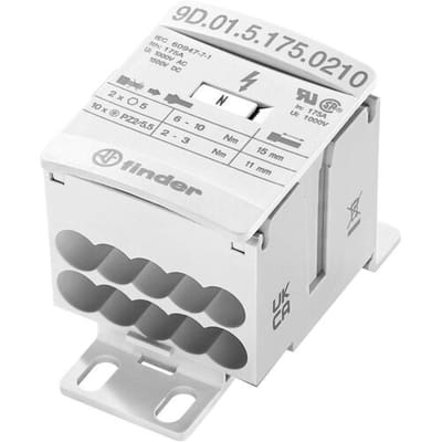 Finder 9D.01.5.175.0210 Verdeler Wit 12-polig 16 mm² 175 A 1000 V/AC, 1500 V/DC Geleidertype = L, N, PE