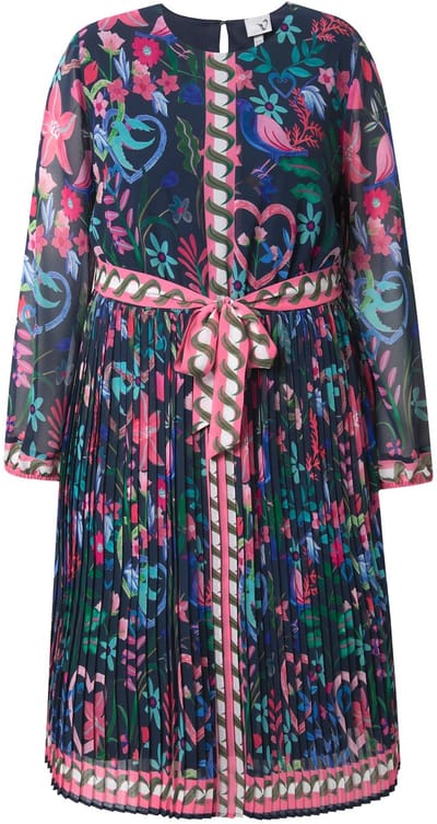 Ulla Popken - Dames - Midi-jurk geplooid rok A-lijn ronde hals lange mouwen - Marine - Maat 46+
