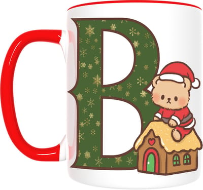 Kerst Mok met Letter B & Schattige Beer – Initiaal Cadeau met Peperkoekhuisje – Inclusief Cadeauverpakking – 350ml