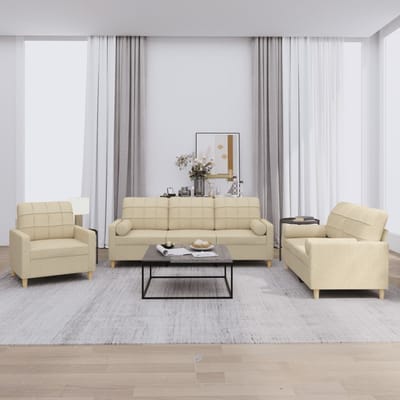 vidaXL - 3-delige - Loungeset - met - kussens - stof - crèmekleurig