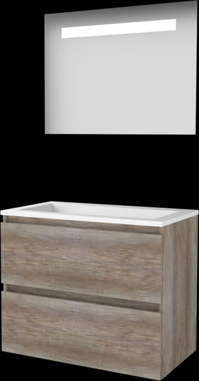 Basic-Line Economic 46 Badkamermeubelset - 80 x 46 cm - Greeploos - 2 Lades - Acryl Wastafel - Zonder Kraangat - Spiegel met LED Verlichting - Scotch Oak