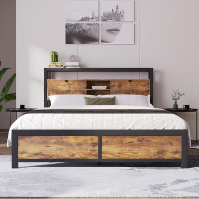 STILVORA Metalen Twijfelaarbedden 140x200 cm - Robuust Bed Met Opbergruimte Hoofdeinde - Metaal - Natuurlijk (Geen Matras)