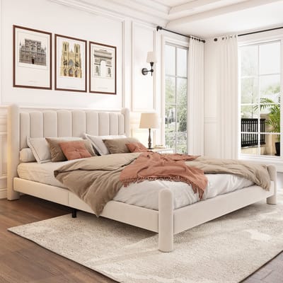 MODFU - Bedframe 180x200 cm – Fluweel met golvend hoofdbord – Massief houten latten – Beige