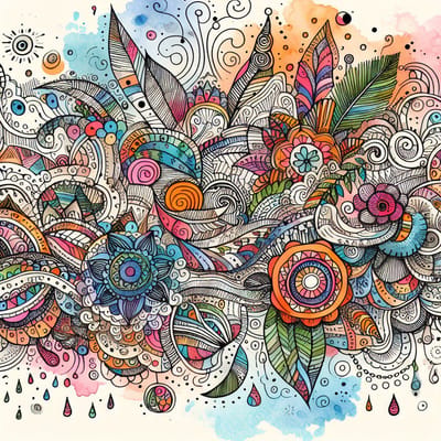 Doodle aquarel schilderij | Aquarel droomlandschap: een betoverende zee van kleurrijke doodles | Kunst - 80x80 centimeter op Dibond | Foto op Dibond